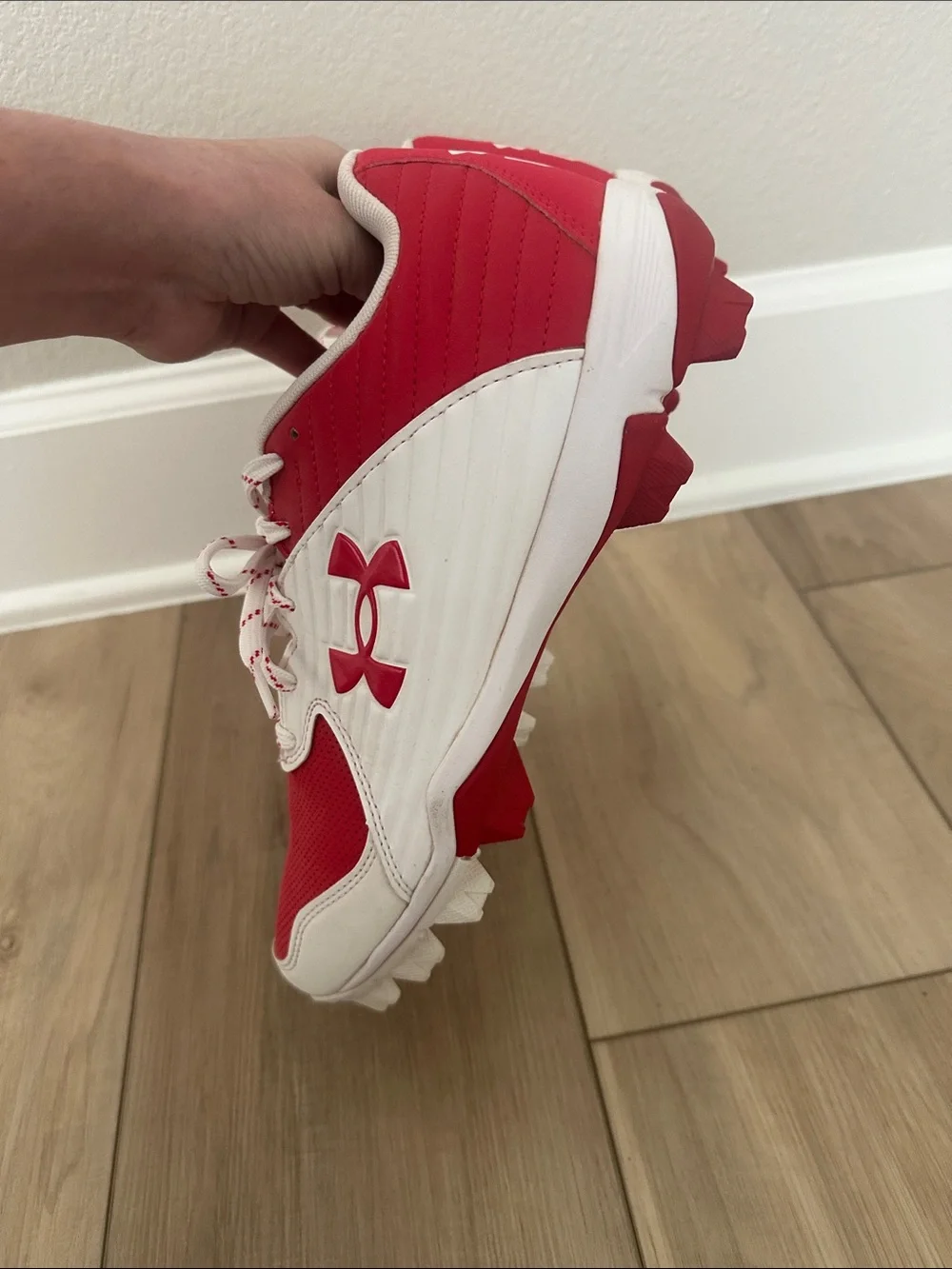 Under Armour Red and White Youth Athletic Cleats